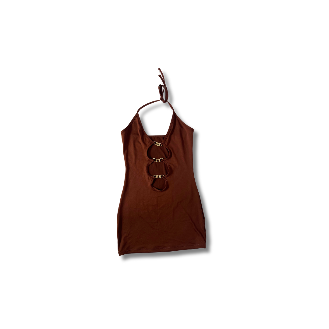 Y2K Brown Halter Neck Mini Dress Sleek, Minimalist Vibes The Home Ec. Studio Y2K Brown Halter Neck Mini Dress Sleek, Minimalist Vibes The Home Ec. Studio