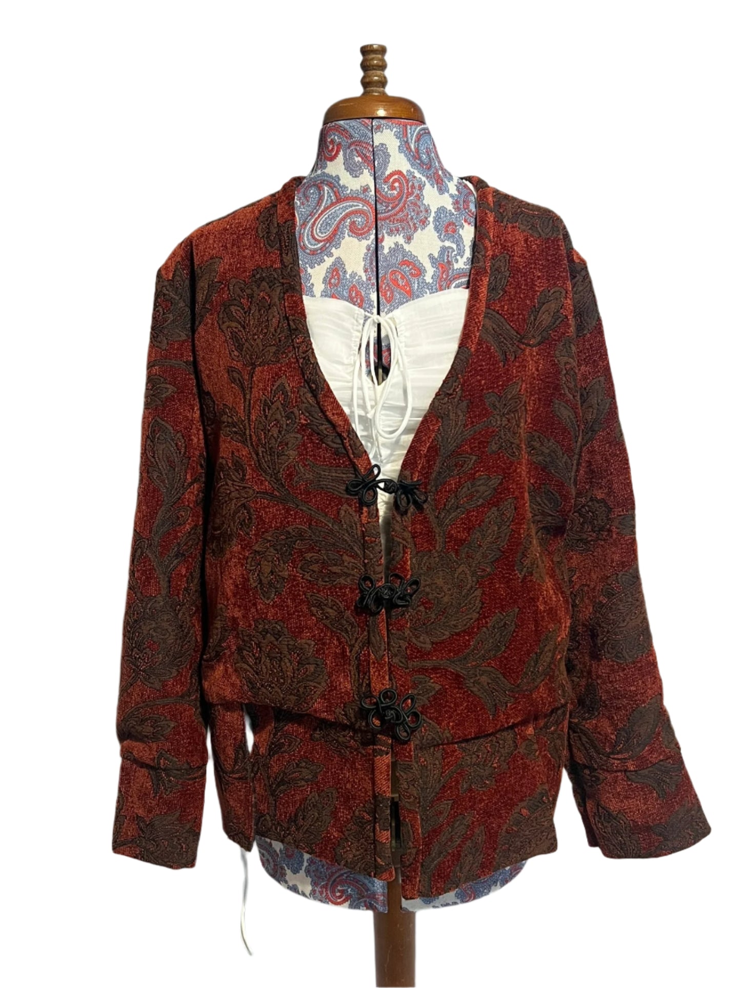 Unique red tapestry jacket with Chinese button closure