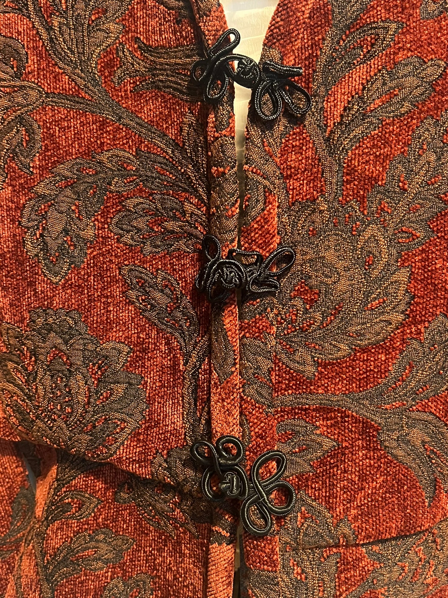 Unique red tapestry jacket with Chinese button closure