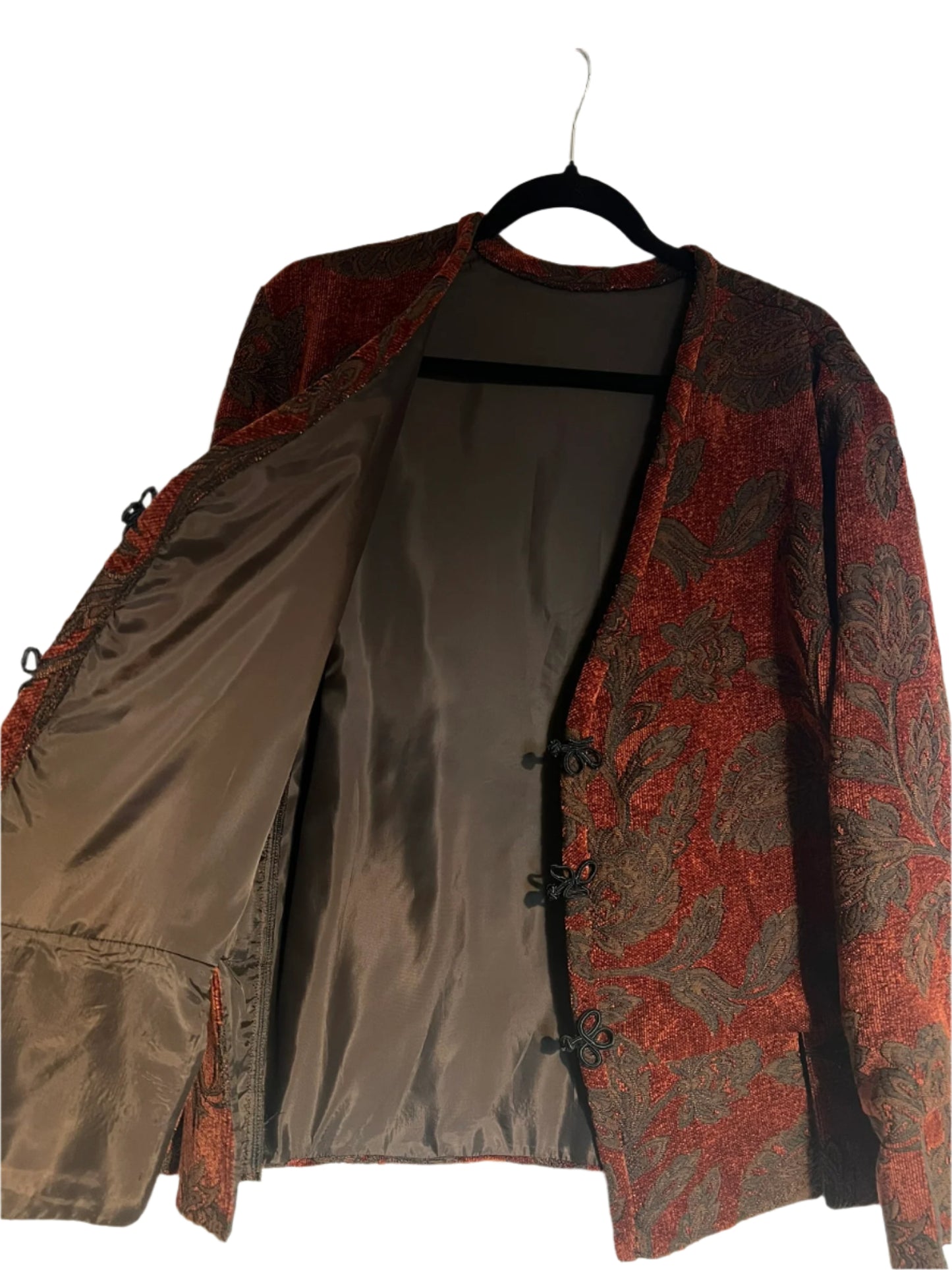 Unique red tapestry jacket with Chinese button closure