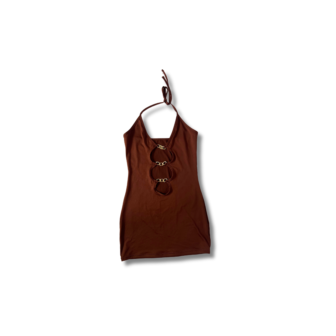 This is a sleek brown Y2K halter dress. Featuring a flattering V-neckline with gold chain details and a tie-back halter strap for an adjustable fit.