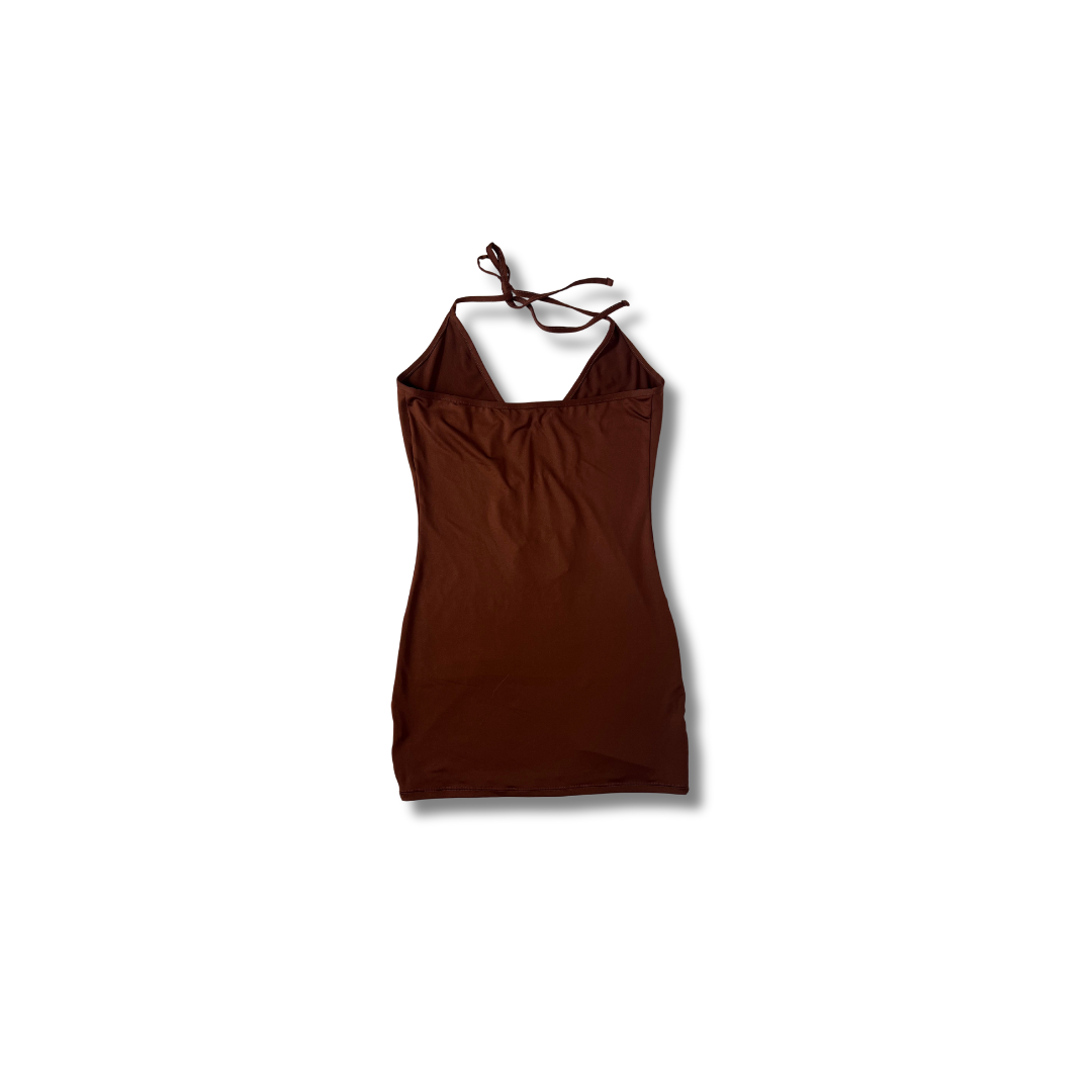 This is a sleek brown Y2K halter dress. Featuring a flattering V-neckline with gold chain details and a tie-back halter strap for an adjustable fit.